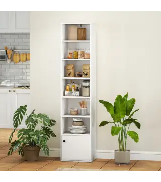 Librería de 7 Niveles Estantería para Libros Moderna con Estantes Abiertos y Puerta 40x30x180 cm Blanco