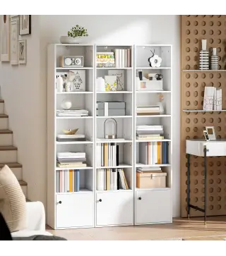 Librería de 7 Niveles Estantería para Libros Moderna con Estantes Abiertos y Puerta 40x30x180 cm Blanco