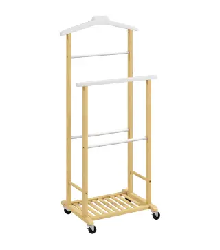 Galán de Noche Bambú con Ruedas Percha Superior Barras para Pantalones y Balda Inferior para zapatos Natural y Blanco