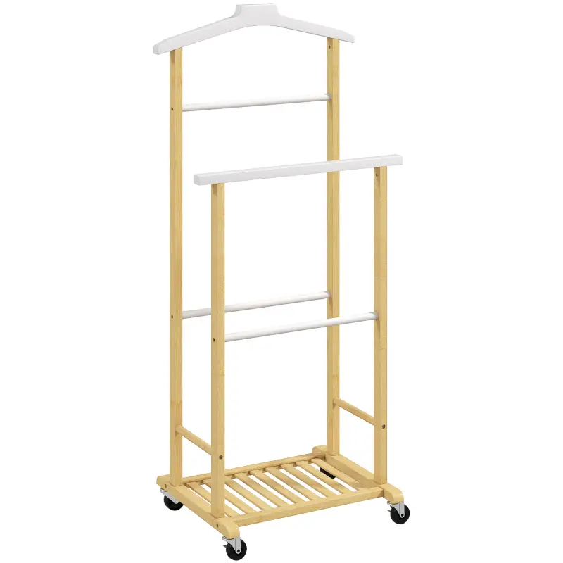 Galán de Noche Bambú con Ruedas Percha Superior Barras para Pantalones y Balda Inferior para zapatos Natural y Blanco