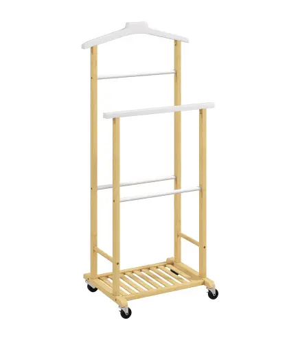 Galán de Noche Bambú con Ruedas Percha Superior Barras para Pantalones y Balda Inferior para zapatos Natural y Blanco