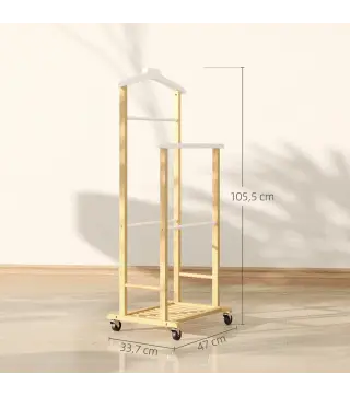 Galán de Noche Bambú con Ruedas Percha Superior Barras para Pantalones y Balda Inferior para zapatos Natural y Blanco