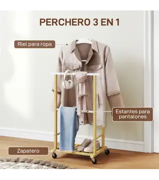 Galán de Noche Bambú con Ruedas Percha Superior Barras para Pantalones y Balda Inferior para zapatos Natural y Blanco