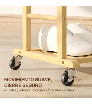 Galán de Noche Bambú con Ruedas Percha Superior Barras para Pantalones y Balda Inferior para zapatos Natural y Blanco