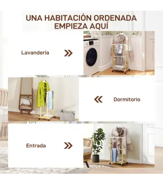 Galán de Noche Bambú con Ruedas Percha Superior Barras para Pantalones y Balda Inferior para zapatos Natural y Blanco