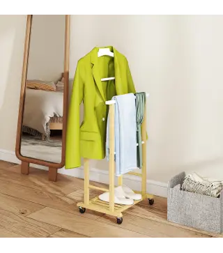 Galán de Noche Bambú con Ruedas Percha Superior Barras para Pantalones y Balda Inferior para zapatos Natural y Blanco