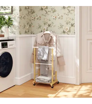 Galán de Noche Bambú con Ruedas Percha Superior Barras para Pantalones y Balda Inferior para zapatos Natural y Blanco