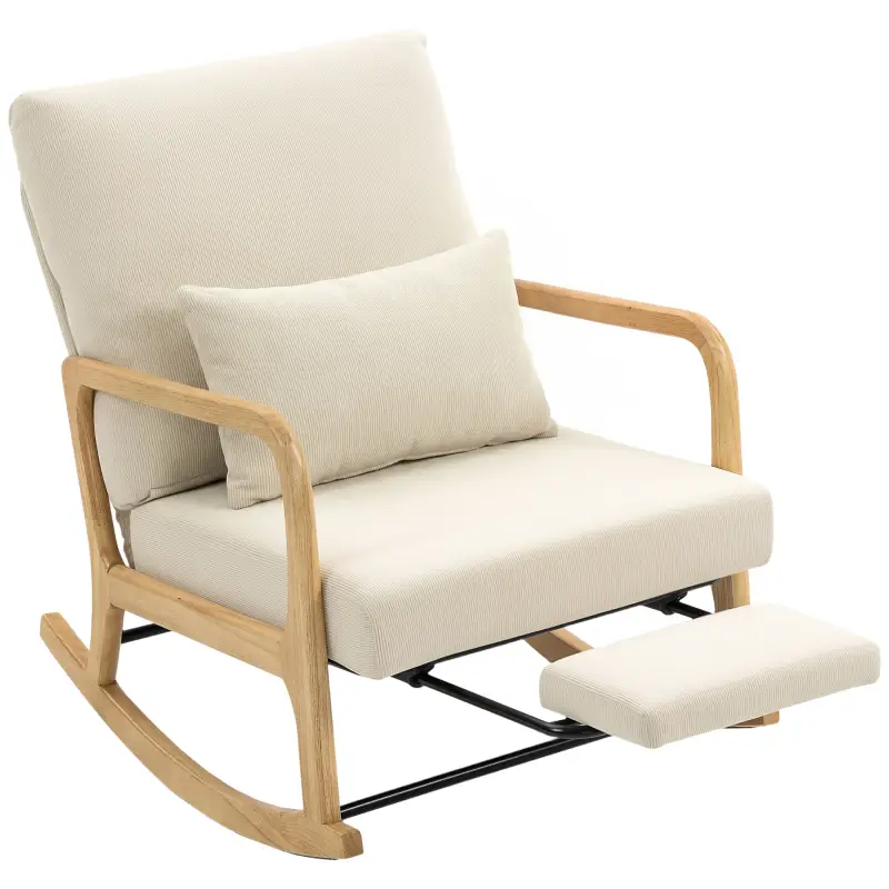 Silla Mecedora Nórdica con Reposapiés Respaldo Ajustable Mecedora de Pana Patas de Madera y Reposabrazos Cojín Crema