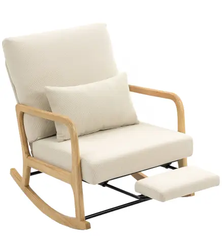 Silla Mecedora Nórdica con Reposapiés Respaldo Ajustable Mecedora de Pana Patas de Madera y Reposabrazos Cojín Crema