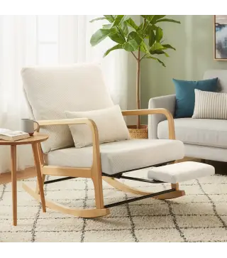 Silla Mecedora Nórdica con Reposapiés Respaldo Ajustable Mecedora de Pana Patas de Madera y Reposabrazos Cojín Crema