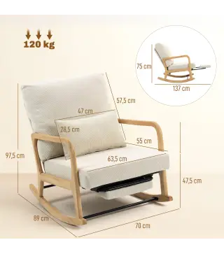 Silla Mecedora Nórdica con Reposapiés Respaldo Ajustable Mecedora de Pana Patas de Madera y Reposabrazos Cojín Crema