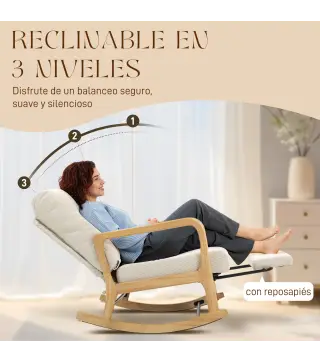 Silla Mecedora Nórdica con Reposapiés Respaldo Ajustable Mecedora de Pana Patas de Madera y Reposabrazos Cojín Crema