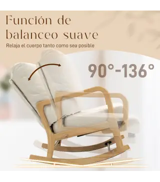 Silla Mecedora Nórdica con Reposapiés Respaldo Ajustable Mecedora de Pana Patas de Madera y Reposabrazos Cojín Crema