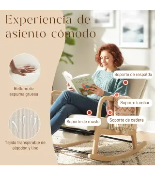 Silla Mecedora Nórdica con Reposapiés Respaldo Ajustable Mecedora de Pana Patas de Madera y Reposabrazos Cojín Crema