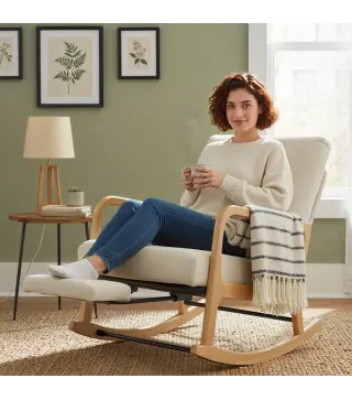 Silla Mecedora Nórdica con Reposapiés Respaldo Ajustable Mecedora de Pana Patas de Madera y Reposabrazos Cojín Crema