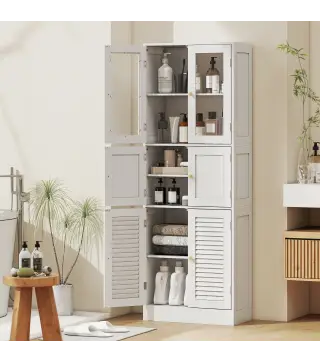 Columna de Baño Estrecha con Puertas de Vidrio Puertas de Lamas Estantes Ajustables 60x30x170 cm Blanco