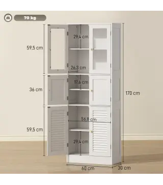 Columna de Baño Estrecha con Puertas de Vidrio Puertas de Lamas Estantes Ajustables 60x30x170 cm Blanco