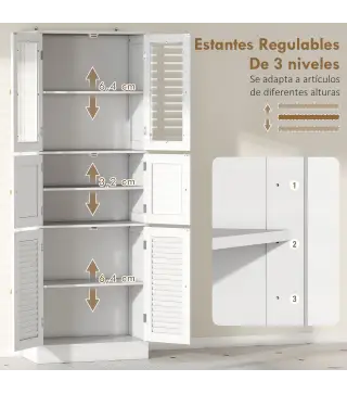 Columna de Baño Estrecha con Puertas de Vidrio Puertas de Lamas Estantes Ajustables 60x30x170 cm Blanco