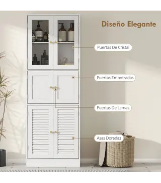 Columna de Baño Estrecha con Puertas de Vidrio Puertas de Lamas Estantes Ajustables 60x30x170 cm Blanco