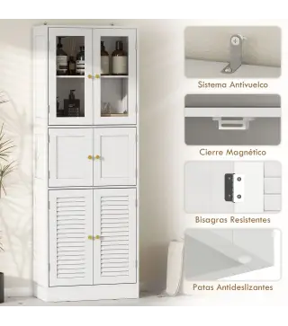Columna de Baño Estrecha con Puertas de Vidrio Puertas de Lamas Estantes Ajustables 60x30x170 cm Blanco