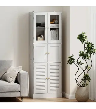 Columna de Baño Estrecha con Puertas de Vidrio Puertas de Lamas Estantes Ajustables 60x30x170 cm Blanco