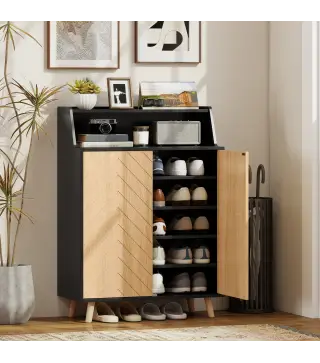 Zapatero Entrada Recibidor con 2 Puertas Estantes Ajustables y Compartimento Abierto 75x35x104 cm Negro y Natural