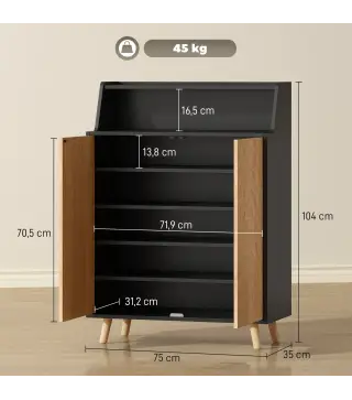 Zapatero Entrada Recibidor con 2 Puertas Estantes Ajustables y Compartimento Abierto 75x35x104 cm Negro y Natural