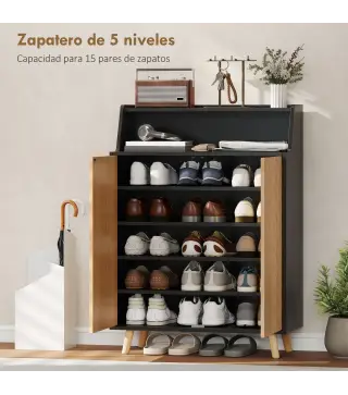 Zapatero Entrada Recibidor con 2 Puertas Estantes Ajustables y Compartimento Abierto 75x35x104 cm Negro y Natural