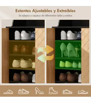 Zapatero Entrada Recibidor con 2 Puertas Estantes Ajustables y Compartimento Abierto 75x35x104 cm Negro y Natural