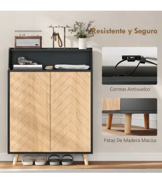 Zapatero Entrada Recibidor con 2 Puertas Estantes Ajustables y Compartimento Abierto 75x35x104 cm Negro y Natural