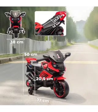 Moto Eléctrica para Niños 6V con Ruedas de Apoyo Música Faro para Niños de 18-36 Mesas Rojo