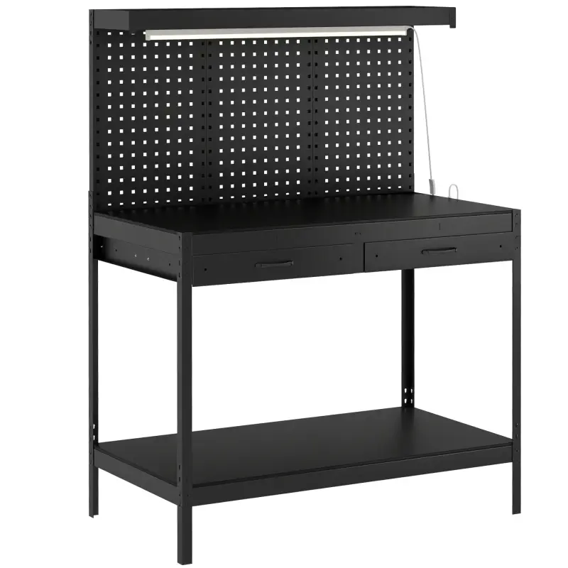 Banco de Trabajo Carga 272 kg 110x60x150 cm con Tableros Perforados Metálicos Toma de Corriente Luces LED Cajones Negro