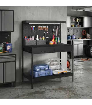 Banco de Trabajo Carga 272 kg 110x60x150 cm con Tableros Perforados Metálicos Toma de Corriente Luces LED Cajones Negro