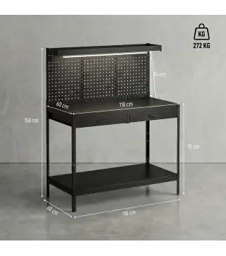 Banco de Trabajo Carga 272 kg 110x60x150 cm con Tableros Perforados Metálicos Toma de Corriente Luces LED Cajones Negro