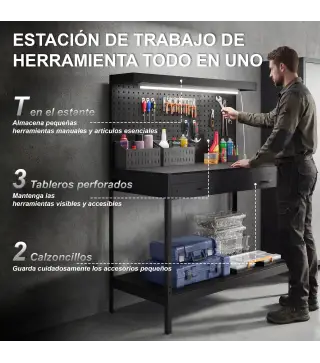 Banco de Trabajo Carga 272 kg 110x60x150 cm con Tableros Perforados Metálicos Toma de Corriente Luces LED Cajones Negro