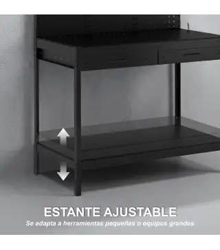 Banco de Trabajo Carga 272 kg 110x60x150 cm con Tableros Perforados Metálicos Toma de Corriente Luces LED Cajones Negro