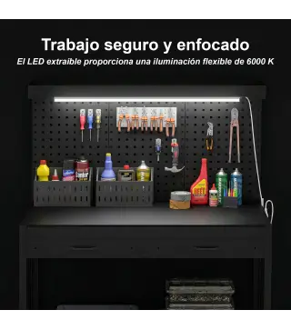 Banco de Trabajo Carga 272 kg 110x60x150 cm con Tableros Perforados Metálicos Toma de Corriente Luces LED Cajones Negro