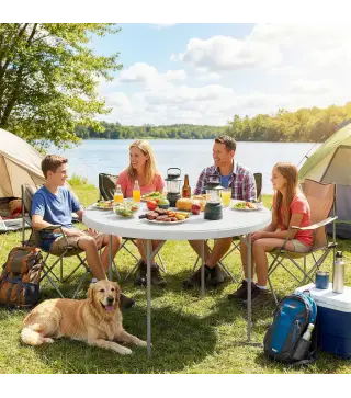 Mesa Plegable Camping 120x120x74 cm Mesa Plegable Portátil con Encimera de HDPE Almohadillas Antideslizantes Blanco