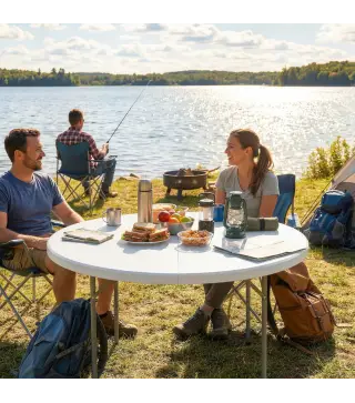 Mesa Plegable Camping 120x120x74 cm Mesa Plegable Portátil con Encimera de HDPE Almohadillas Antideslizantes Blanco