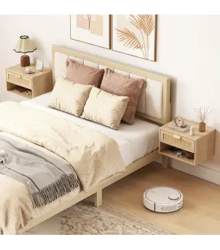 Juego de 2 Mesitas de Noche Flotantes con Cajón de Ratán Estante Abierto Ahorra Espacio 40x30x25 cm Roble