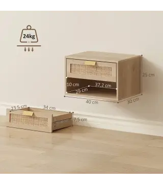 Juego de 2 Mesitas de Noche Flotantes con Cajón de Ratán Estante Abierto Ahorra Espacio 40x30x25 cm Roble