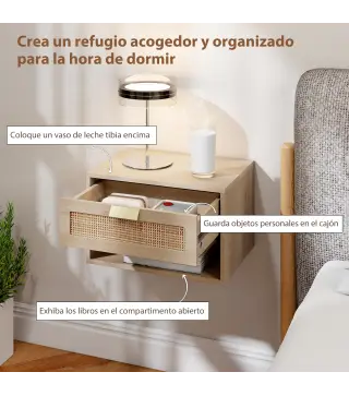 Juego de 2 Mesitas de Noche Flotantes con Cajón de Ratán Estante Abierto Ahorra Espacio 40x30x25 cm Roble