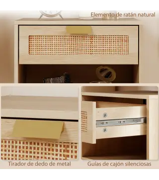 Juego de 2 Mesitas de Noche Flotantes con Cajón de Ratán Estante Abierto Ahorra Espacio 40x30x25 cm Roble