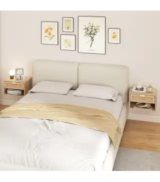 Juego de 2 Mesitas de Noche Flotantes con Cajón de Ratán Estante Abierto Ahorra Espacio 40x30x25 cm Roble