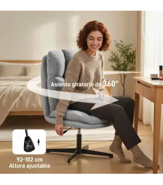 Butaca de Salón Giratorio 360° Altura Ajustable Asiento Ancho Tapizado en Lino Base de Metal Gris Claro
