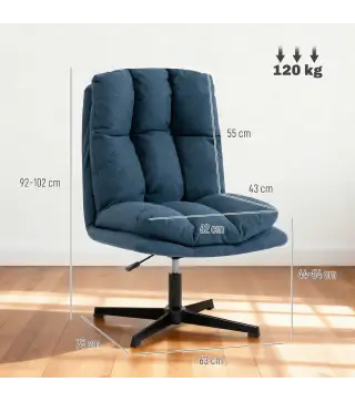 Butaca de Salón Giratorio 360° Altura Ajustable Asiento Ancho Tapizado en Lino Base de Metal Azul Oscuro