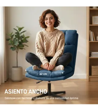 Butaca de Salón Giratorio 360° Altura Ajustable Asiento Ancho Tapizado en Lino Base de Metal Azul Oscuro