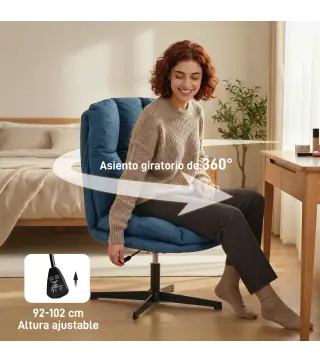 Butaca de Salón Giratorio 360° Altura Ajustable Asiento Ancho Tapizado en Lino Base de Metal Azul Oscuro