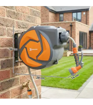 Manguera Retráctil de Pared con Carrete de 10+1 m con Retorno Enrollado Automático y Boquilla de 7 Funciones Gira 180°