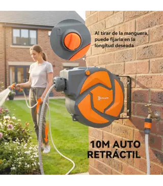 Manguera Retráctil de Pared con Carrete de 10+1 m con Retorno Enrollado Automático y Boquilla de 7 Funciones Gira 180°